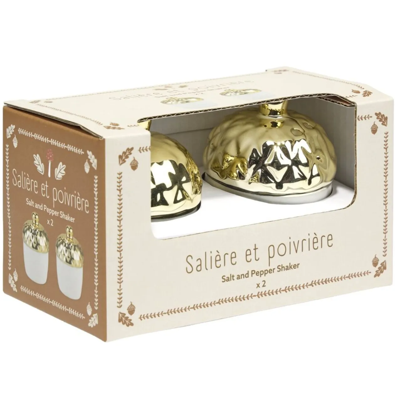 Salière et poivrière forme gland automne dolomite doré et blanc Ø5xH7,5cm