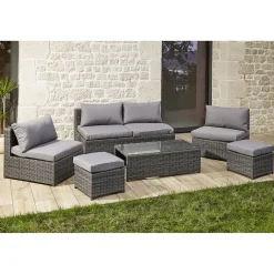Salon de jardin Imbrik 6 places plastique tressé et acier gris (6 pièces) < Gifi Discount