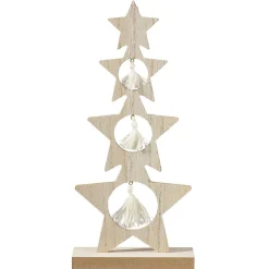Sapin bois à poser étoiles avec suspensions pompons blancs H26cm < Gifi Best