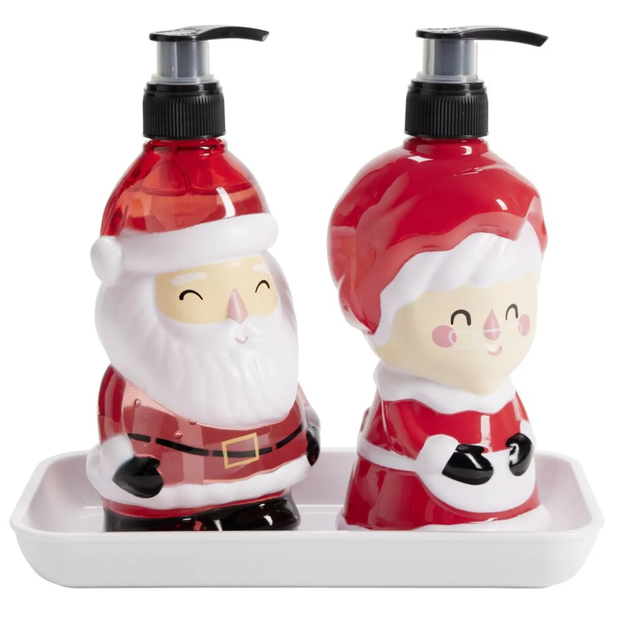 Savon mains liquide et lotion flacon Père Noël et Mère Noël sur plateau 2x310ml