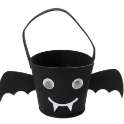 Seau à bonbons Halloween chauve-souris avec yeux mobiles feutrine noir 16x14xH13 cm