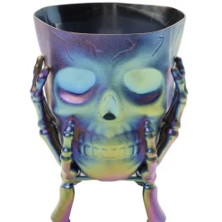 Seau à bonbons Halloween tête de squelette violet iridescent 17x14xH13cm