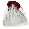 Serre-tête adulte Halloween voile calavera fleuri noir et rouge
