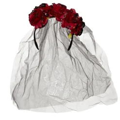 Serre-tête adulte Halloween voile calavera fleuri noir et rouge