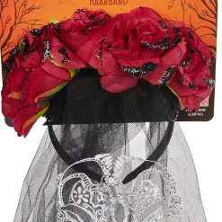 Serre-tête adulte Halloween voile calavera fleuri noir et rouge