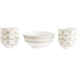 Service saladier porcelaine Ø20cm avec 6 bols Ø11,5cm motif Indie beige