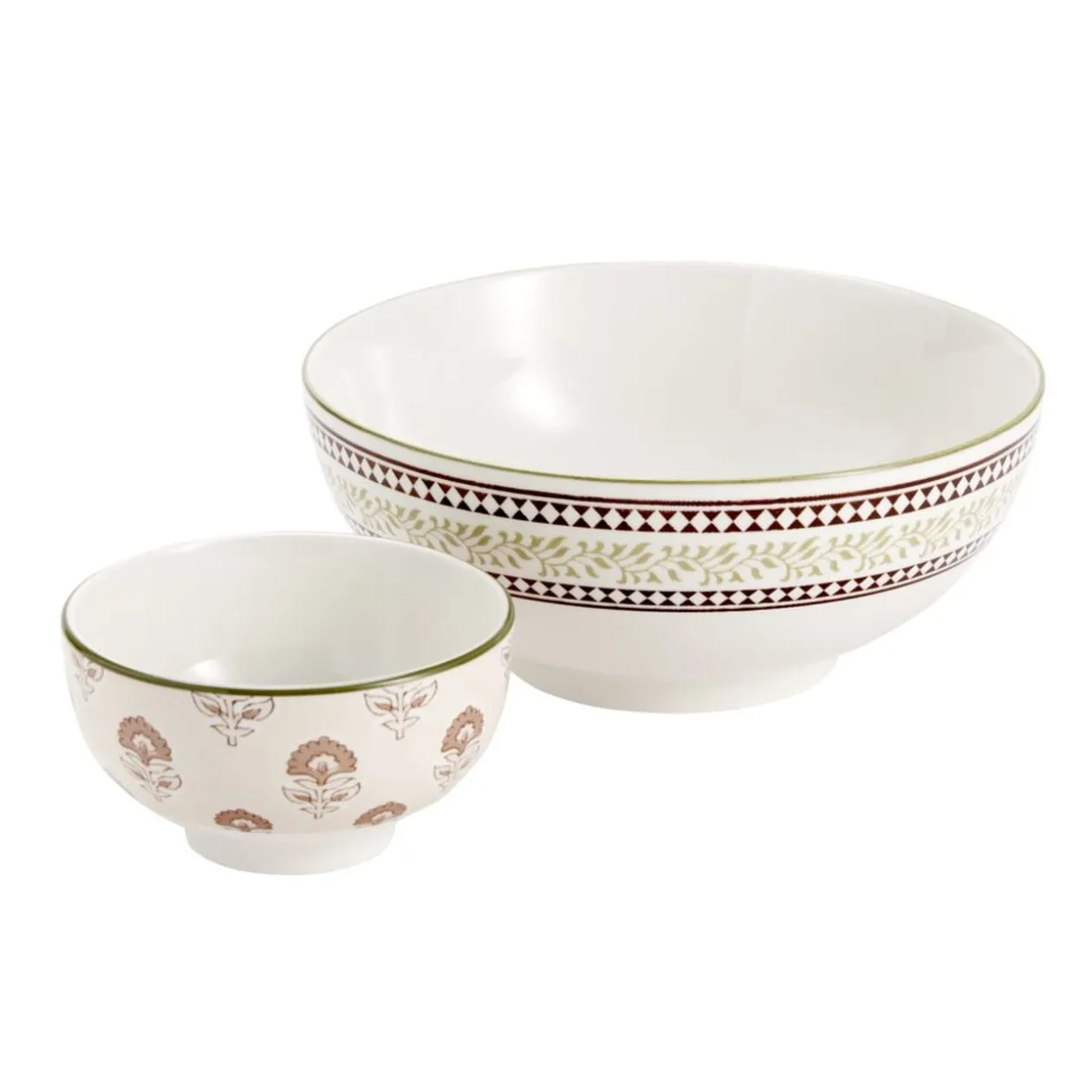 Service saladier porcelaine Ø20cm avec 6 bols Ø11,5cm motif Indie beige