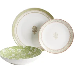 Service vaisselle porcelaine 4 personnes 12 pièces motif floral vert et beige