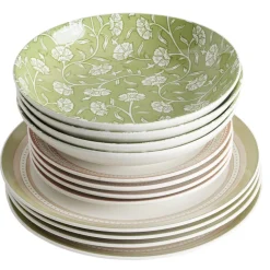 Service vaisselle porcelaine 4 personnes 12 pièces motif floral vert et beige