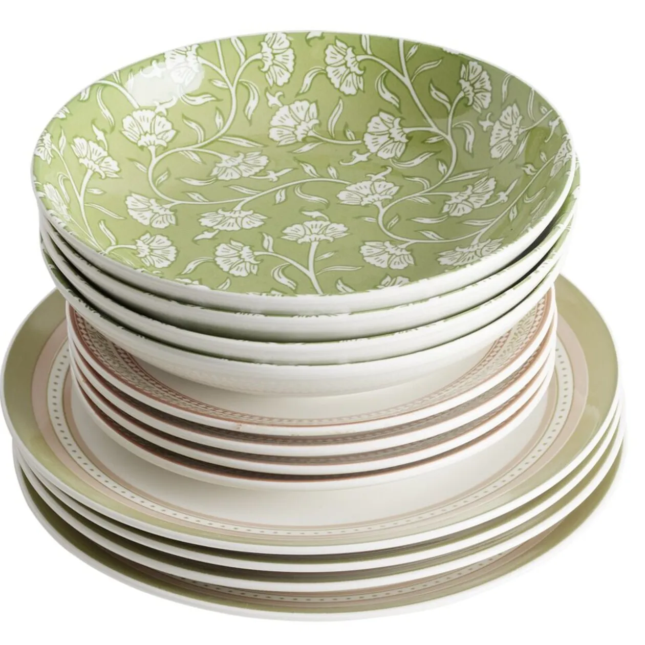 Service vaisselle porcelaine 4 personnes 12 pièces motif floral vert et beige
