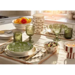 Service vaisselle porcelaine 4 personnes 12 pièces motif floral vert et beige