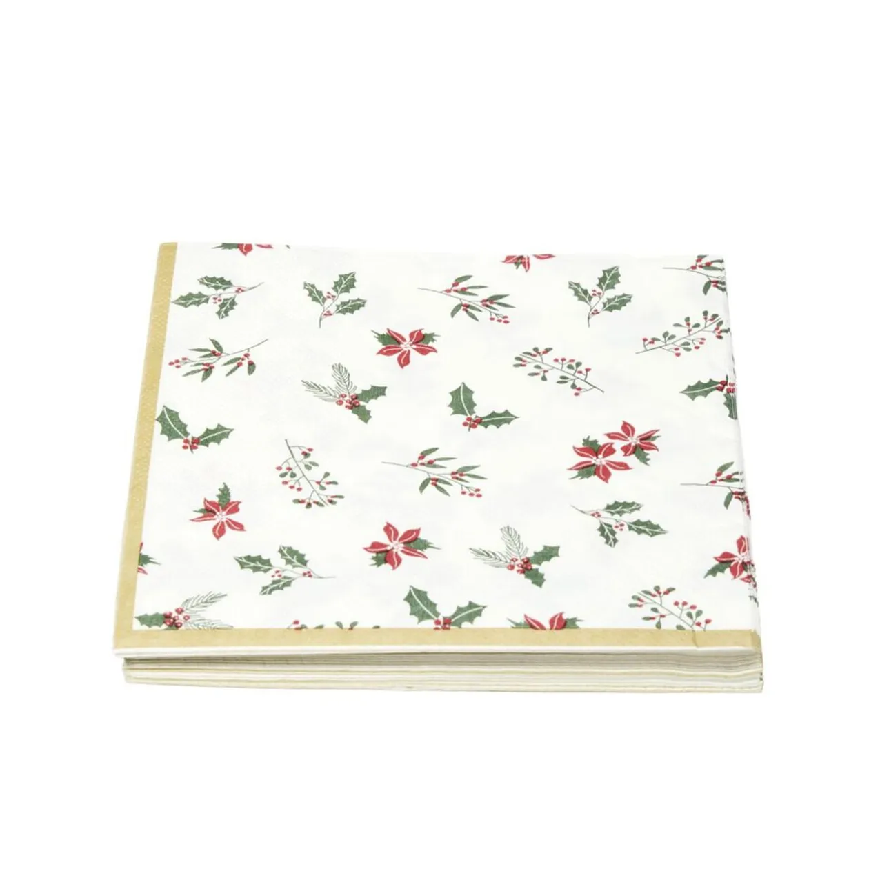 Serviette en papier 3 plis X20 pcs imprimé houx L33X33 cm blanc liseré doré