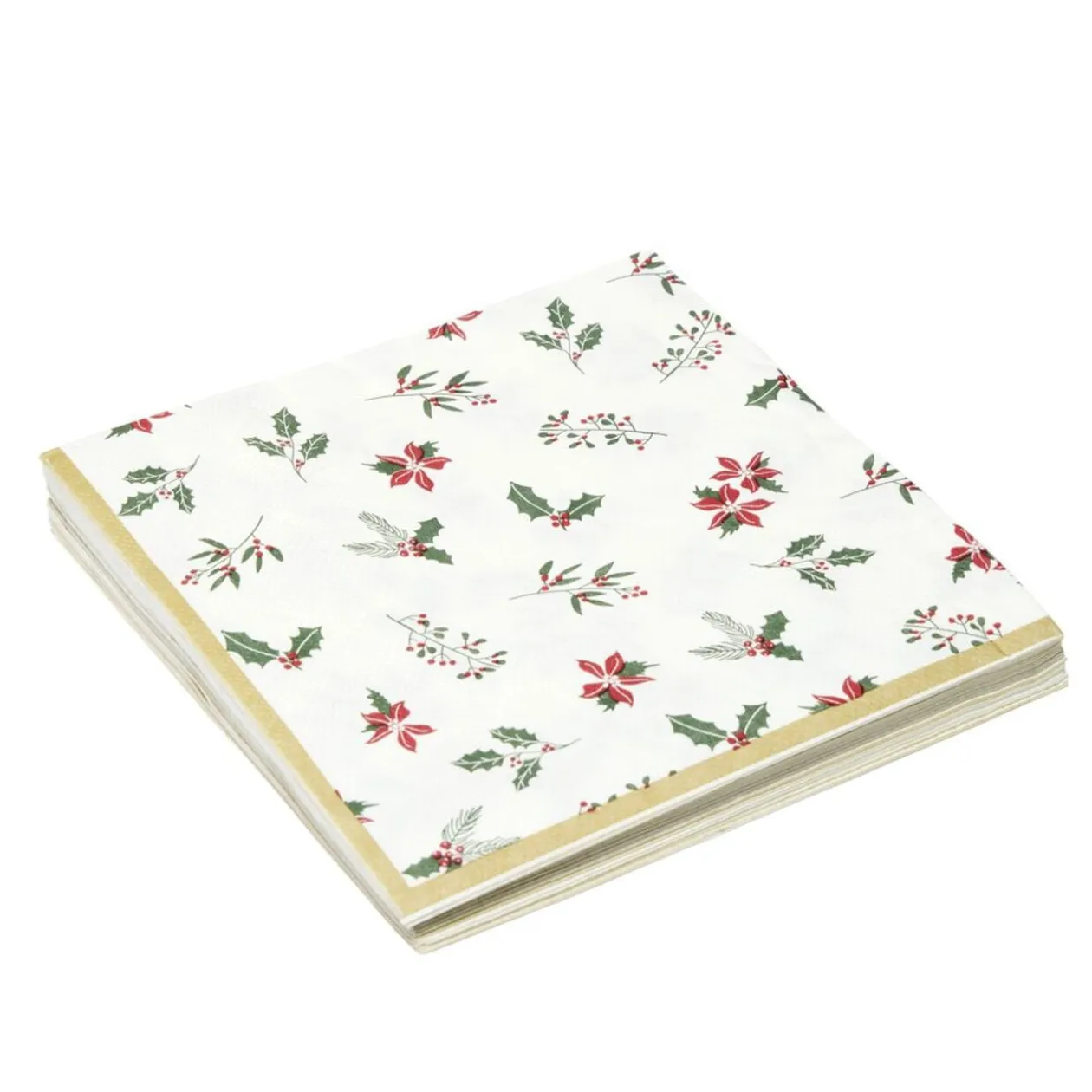Serviette en papier 3 plis X20 pcs imprimé houx L33X33 cm blanc liseré doré