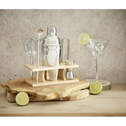 Set à cocktail acier avec support bois 6 pièces