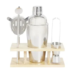 Set à cocktail acier avec support bois 6 pièces
