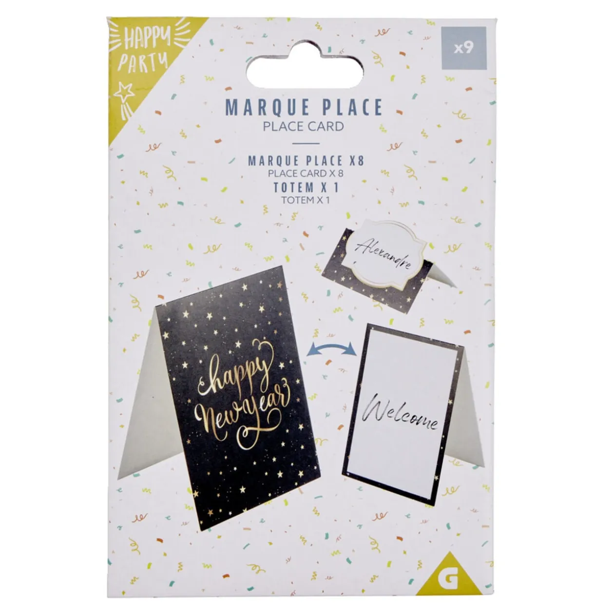 Set de marque place x8 et menu en papier noir Happy New Year L11xH30,4cm