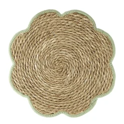 Set de table jonc de mer tressé et coton forme fleur contour vert Ø38cm