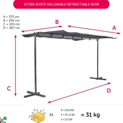 Store inclinable rétractable Aoste noir 375x250xH220cm 9,37m² < Gifi Online
