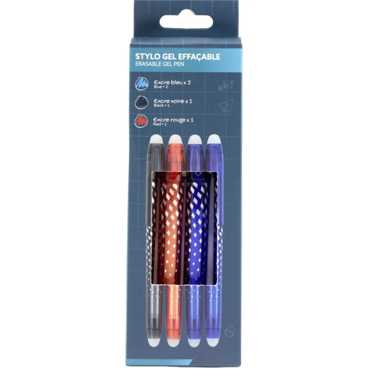 Stylo effaçable gel 1 noir 1 rouge 2 bleus L14,5cm < Gifi