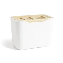 Support brosse à dent plastique blanc avec couvercle bambou 4 trous