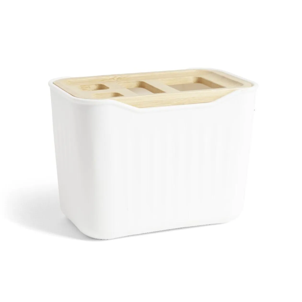 Support brosse à dent plastique blanc avec couvercle bambou 4 trous