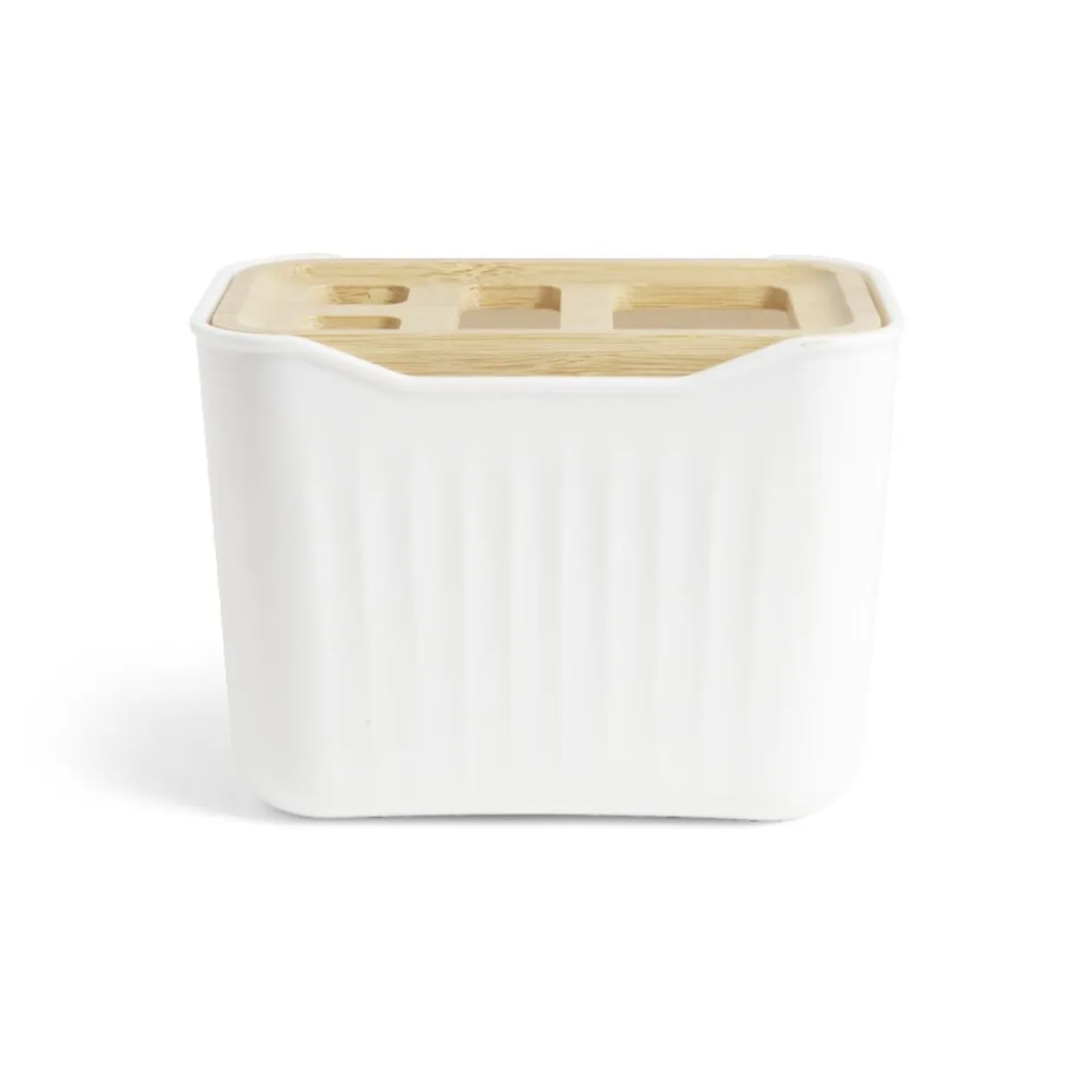 Support brosse à dent plastique blanc avec couvercle bambou 4 trous