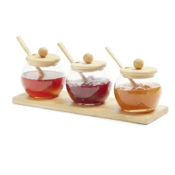 Support en bambou avec 3 bocaux 250ml et 3 cuillères 29x10xH8cm