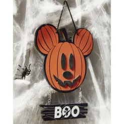 Suspension bois Disney inscription BOO tête Mickey citrouille orange
