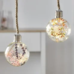 Suspension corde avec boule en verre déco led et fleurs artificielles