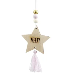 Suspension Étoile de Noël en bois avec pompon et perles H10,5cm < Gifi Sale