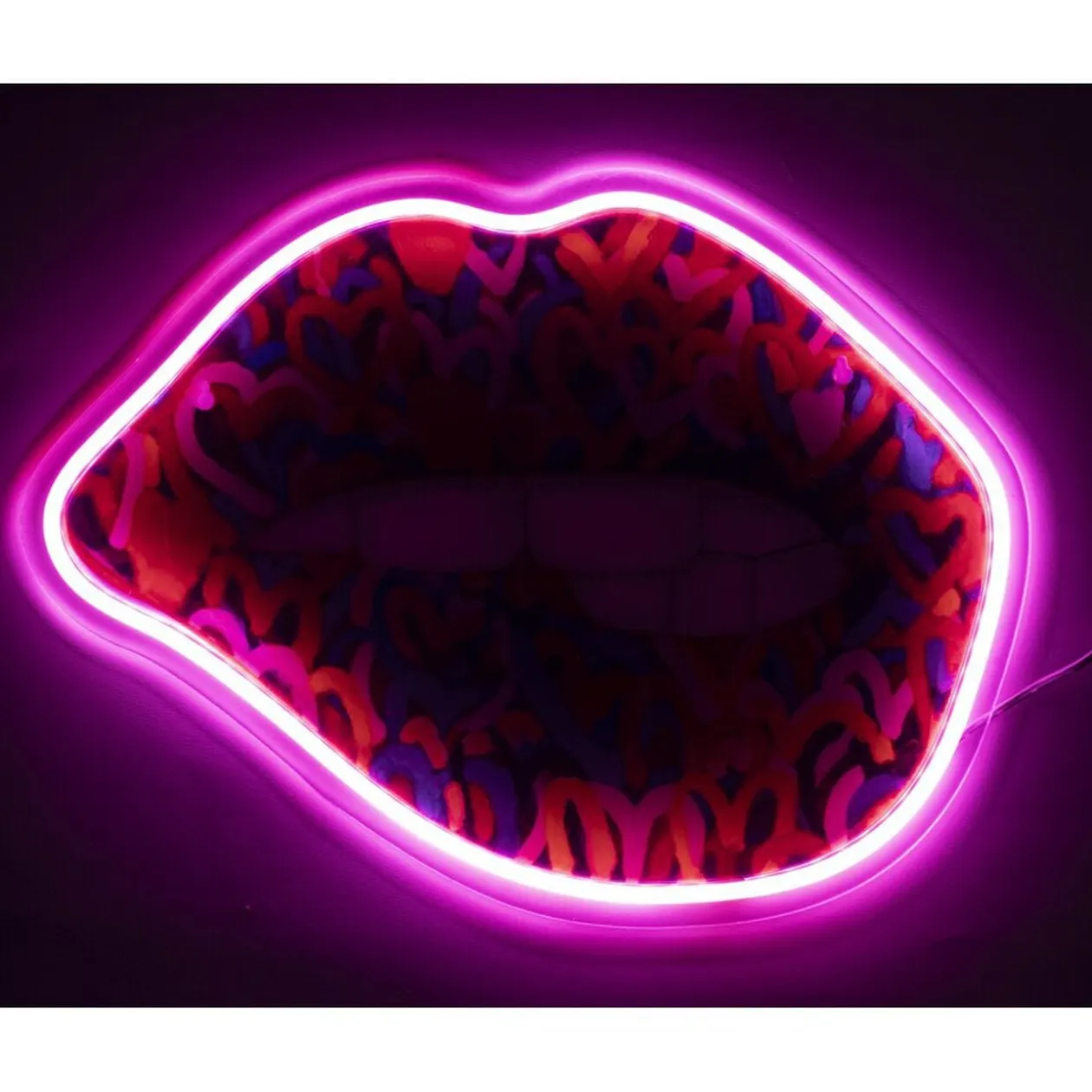 Tableau forme bouche street art PVC avec contour néon rose 30x40cm