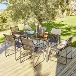 Table de jardin avec chaises x6 Mathis acier verre textilène noir 150x80xH73cm < Gifi Clearance