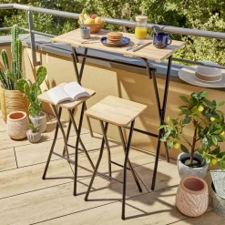 Table haute avec tabourets x2 Balcony pliables bois et métal 80x40xH98cm < Gifi