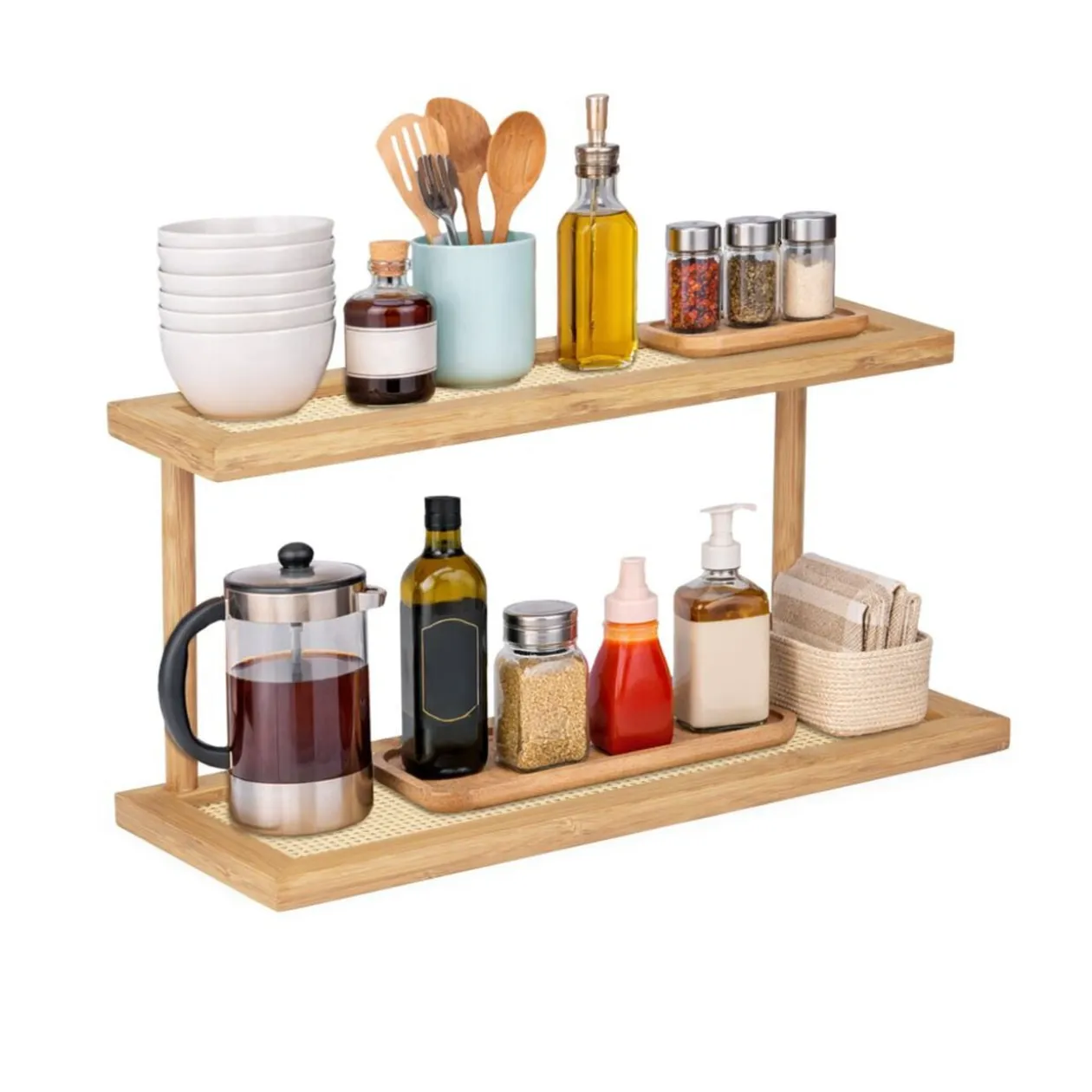 Étagère de cuisine en bois et bambou 2 niveaux effet tressé 40x15xH20cm