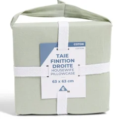 Taie d'oreiller 63x63cm 100% coton finition droite vert céladon