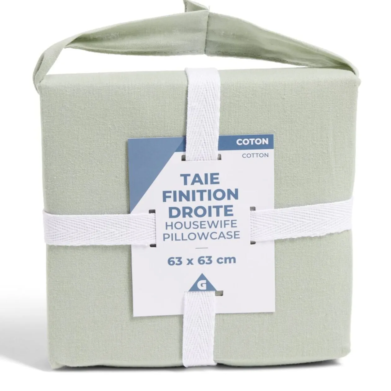 Taie d'oreiller 63x63cm 100% coton finition droite vert céladon