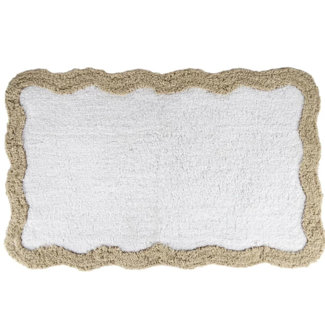 Tapis de bain rectangulaire contour vague coton blanc et beige 50x80cm