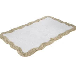 Tapis de bain rectangulaire contour vague coton blanc et beige 50x80cm