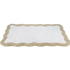 Tapis de bain rectangulaire contour vague coton blanc et beige 50x80cm