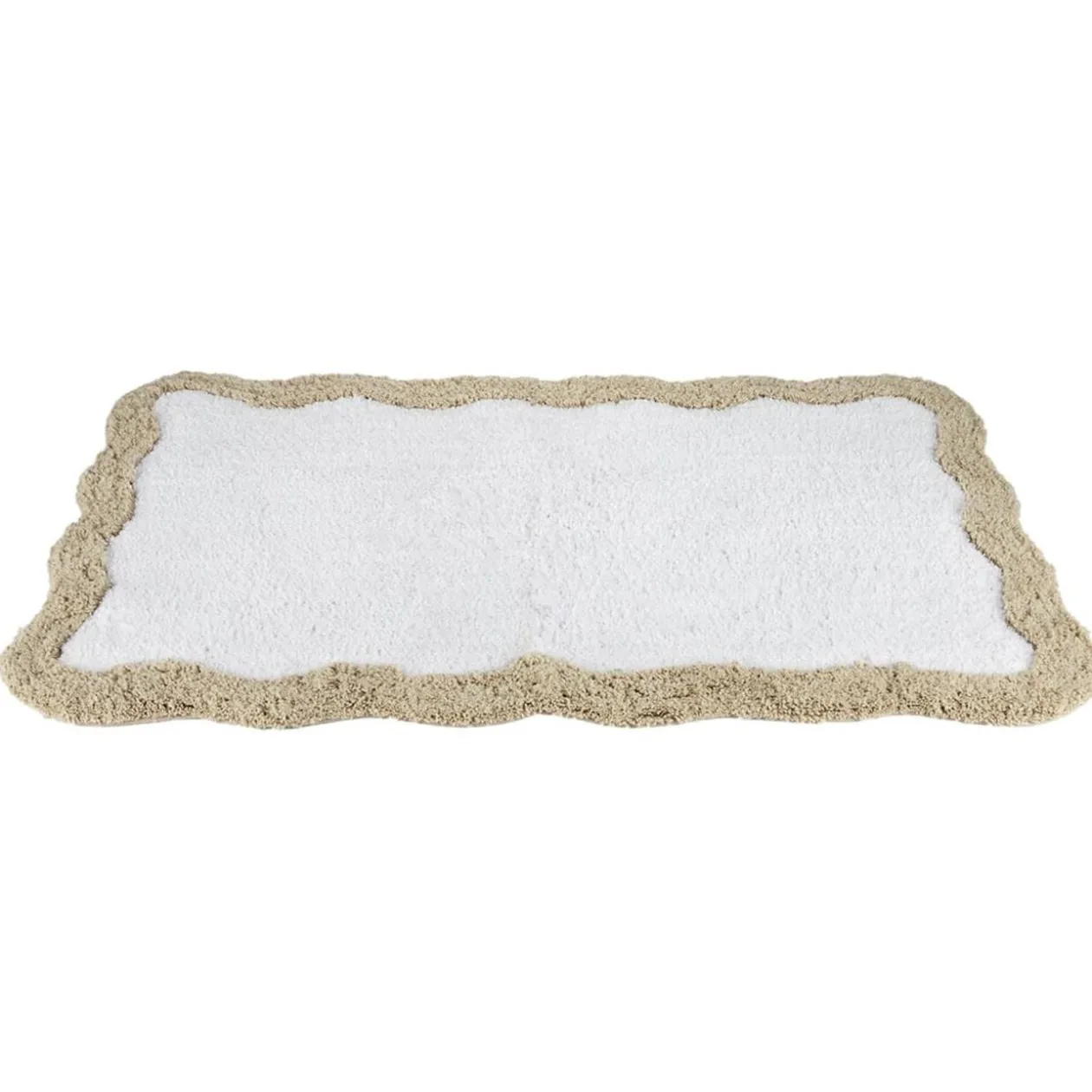 Tapis de bain rectangulaire contour vague coton blanc et beige 50x80cm