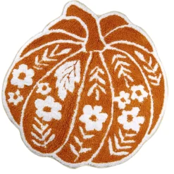 Tapis forme citrouille motif floral orange et blanc Ø60cm