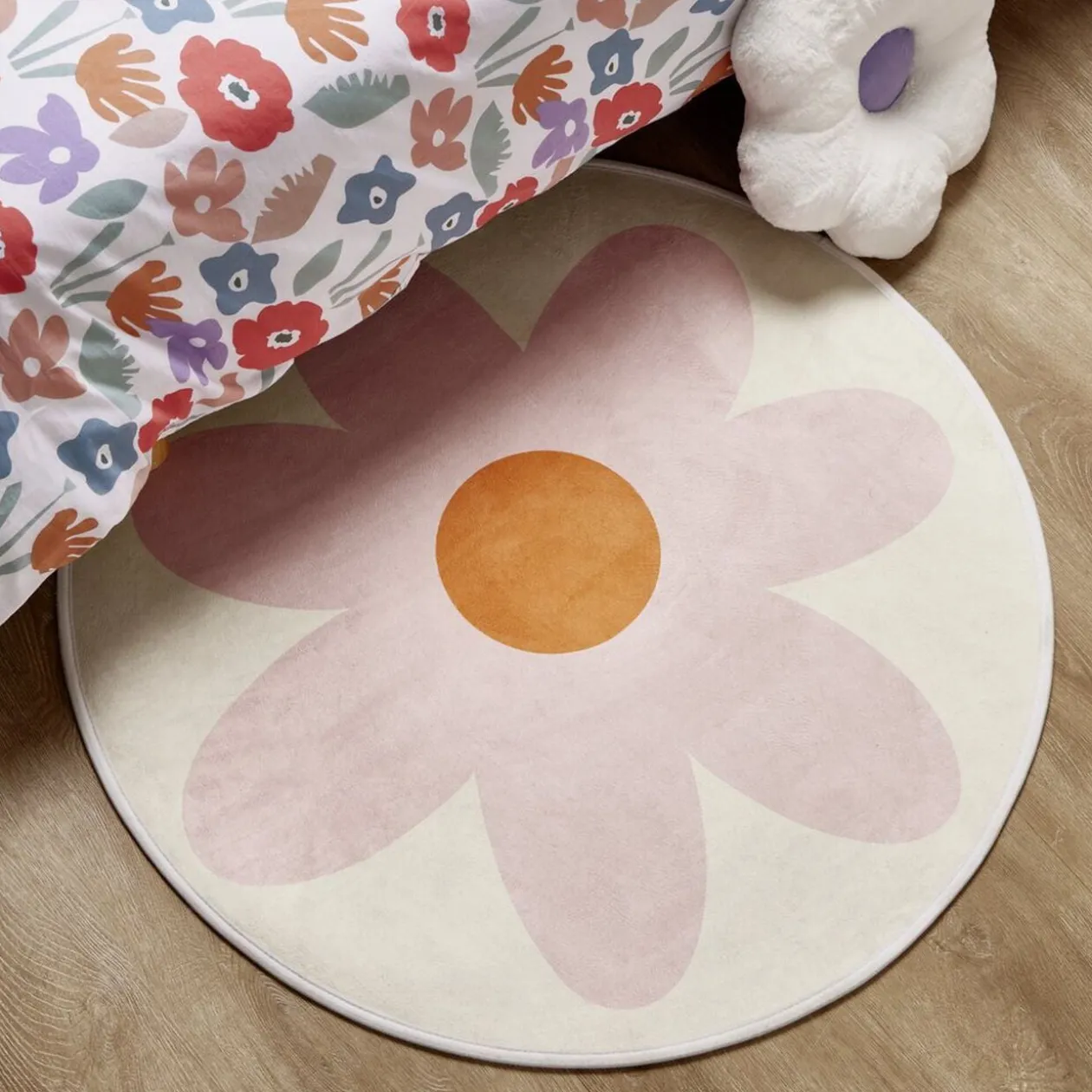 Tapis rond blanc motif fleur Ø90cm (2 modèles jaune ou rose)