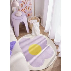 Tapis rond blanc motif marguerite Ø90cm (2 modèles violet ou rose)