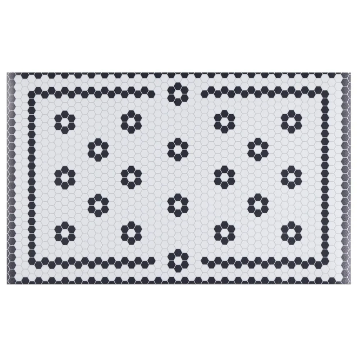 Tapis vinyle rectangulaire motif carreau de ciment fleur blanc et noir 38x60cm