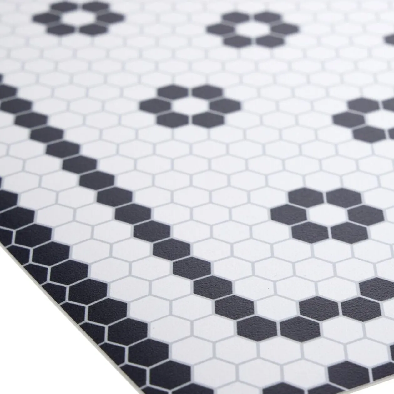 Tapis vinyle rectangulaire motif carreau de ciment fleur blanc et noir 38x60cm