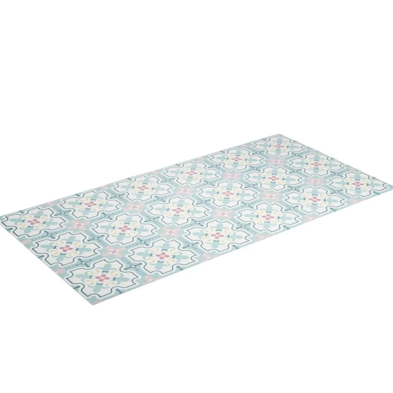 Tapis vinyle rectangulaire motif carreau de ciment beige et bleu 50x100cm