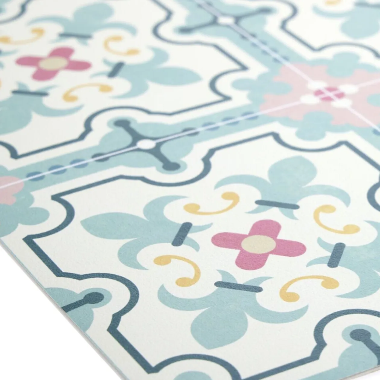 Tapis vinyle rectangulaire motif carreau de ciment beige et bleu 50x100cm