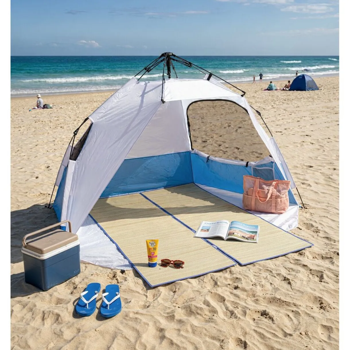 Tente de plage pop-up fibre de verre et polyester bleu 220x150xH144cm < Gifi Hot