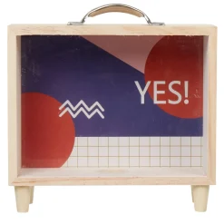Tirelire bois bleu et blanc motif rond rouge inscription Yes