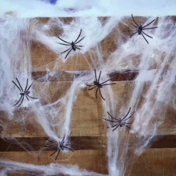 Toile d'araignée blanche avec 6 araignées Halloween